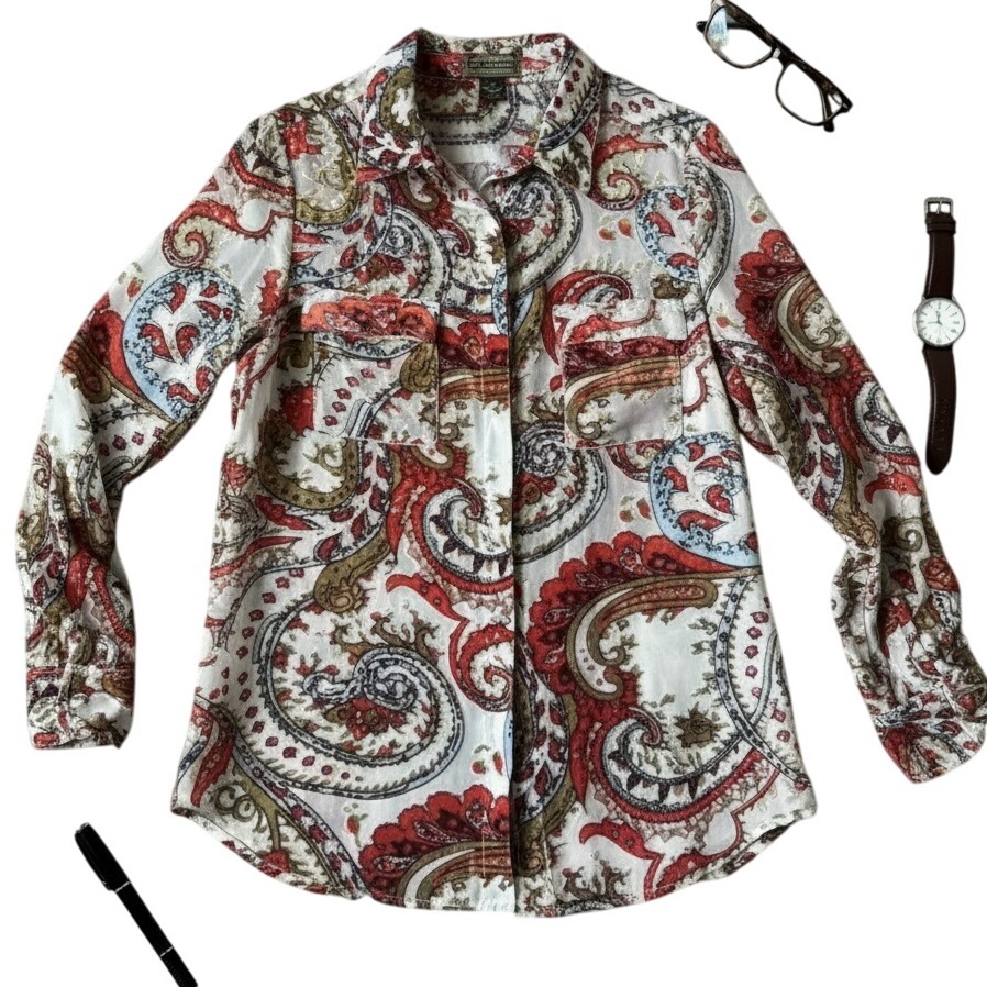 2oh Threads Paisley Print Button Down Blouse Silk Blend Velvet Burnout Stunning